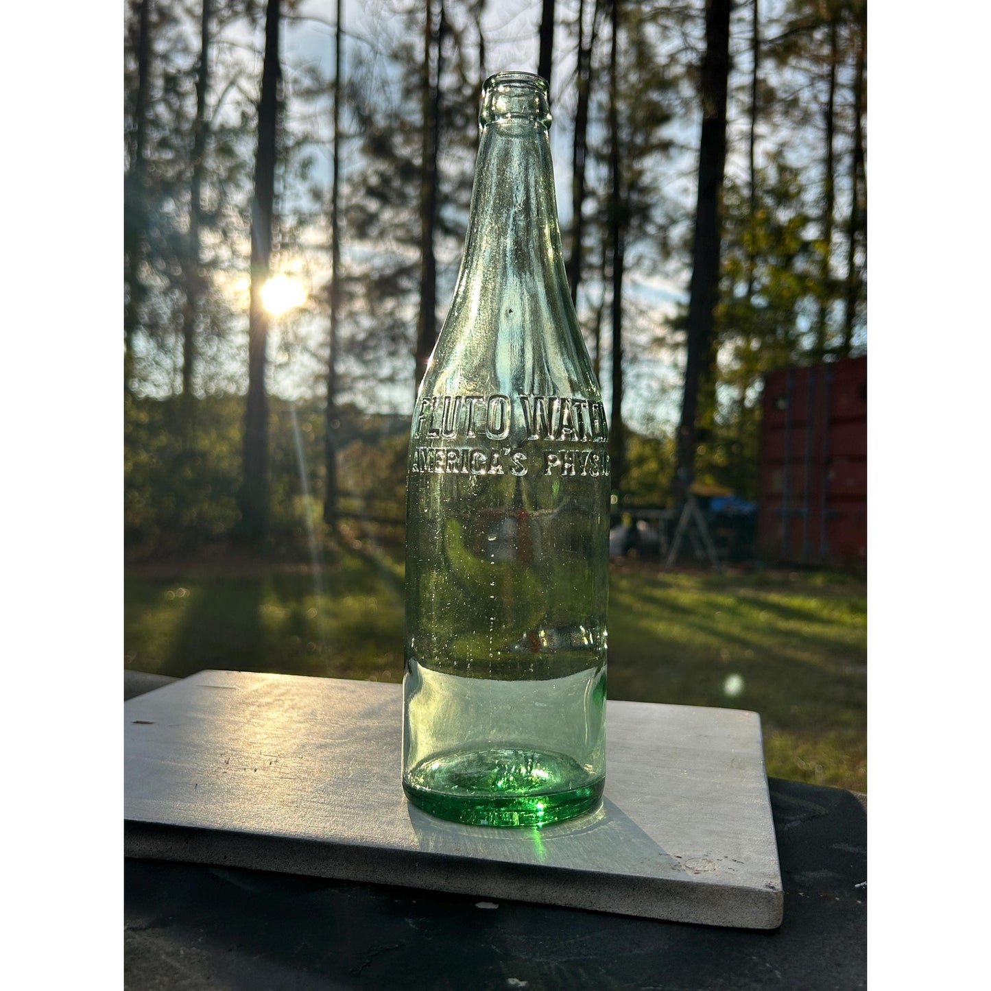 Vintage Pluto Water Bottle with Devil Logo – 1920s–40s Embossed Aqua Glass Soda Mineral Water Bottle – Indiana Collectible rare Apothecary