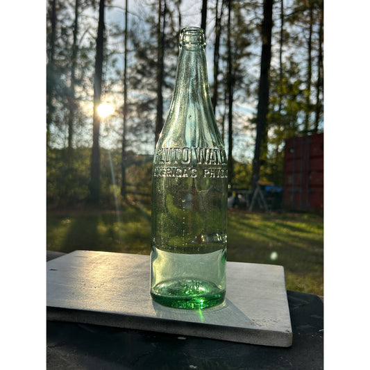 Vintage Pluto Water Bottle with Devil Logo – 1920s–40s Embossed Aqua Glass Soda Mineral Water Bottle – Indiana Collectible rare Apothecary