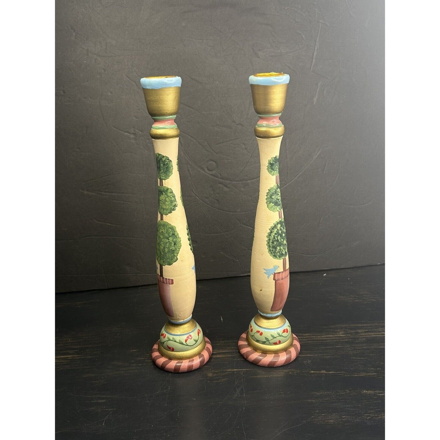 Vintage folk art wood candle holder pair flower painting detail