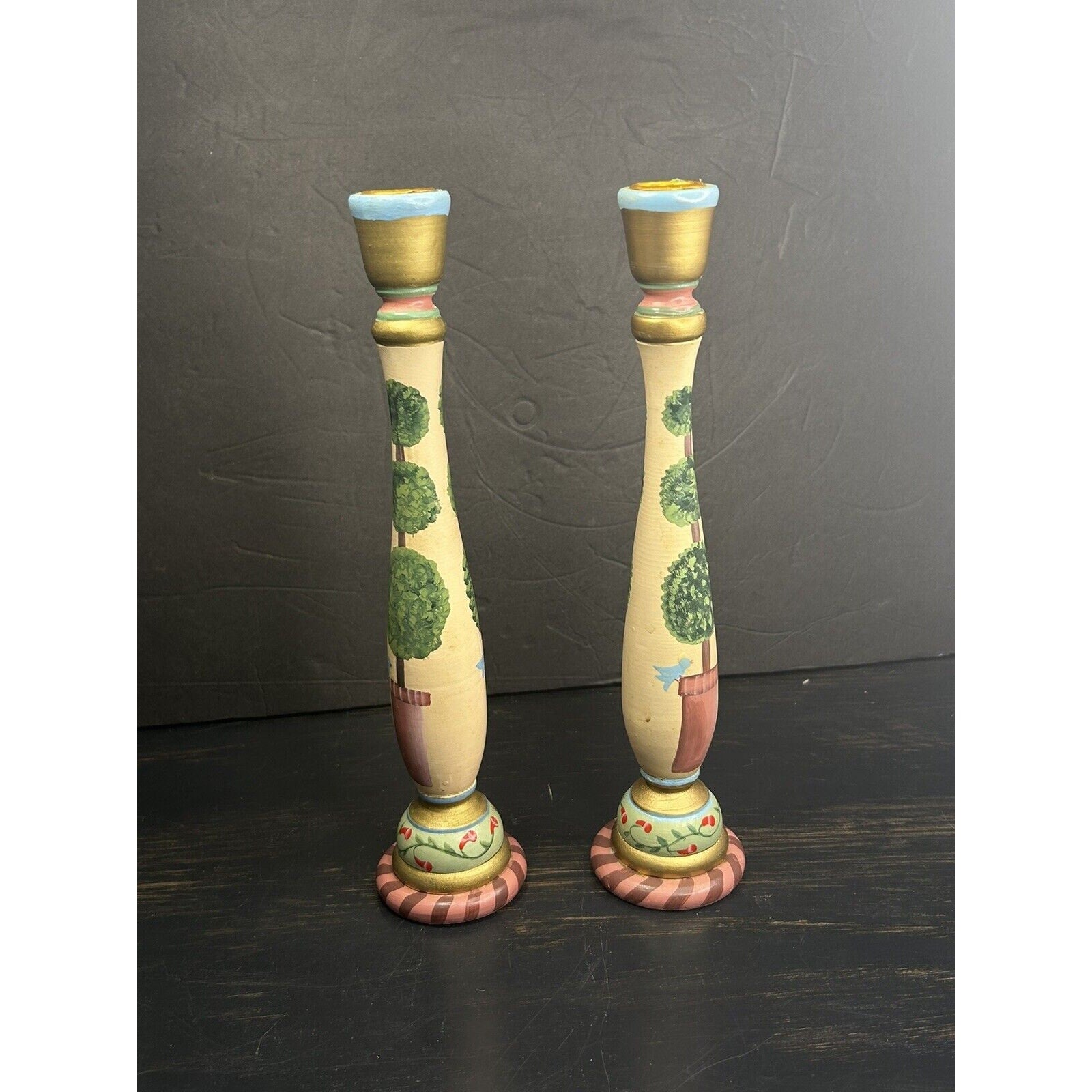 Vintage folk art wood candle holder pair flower painting detail