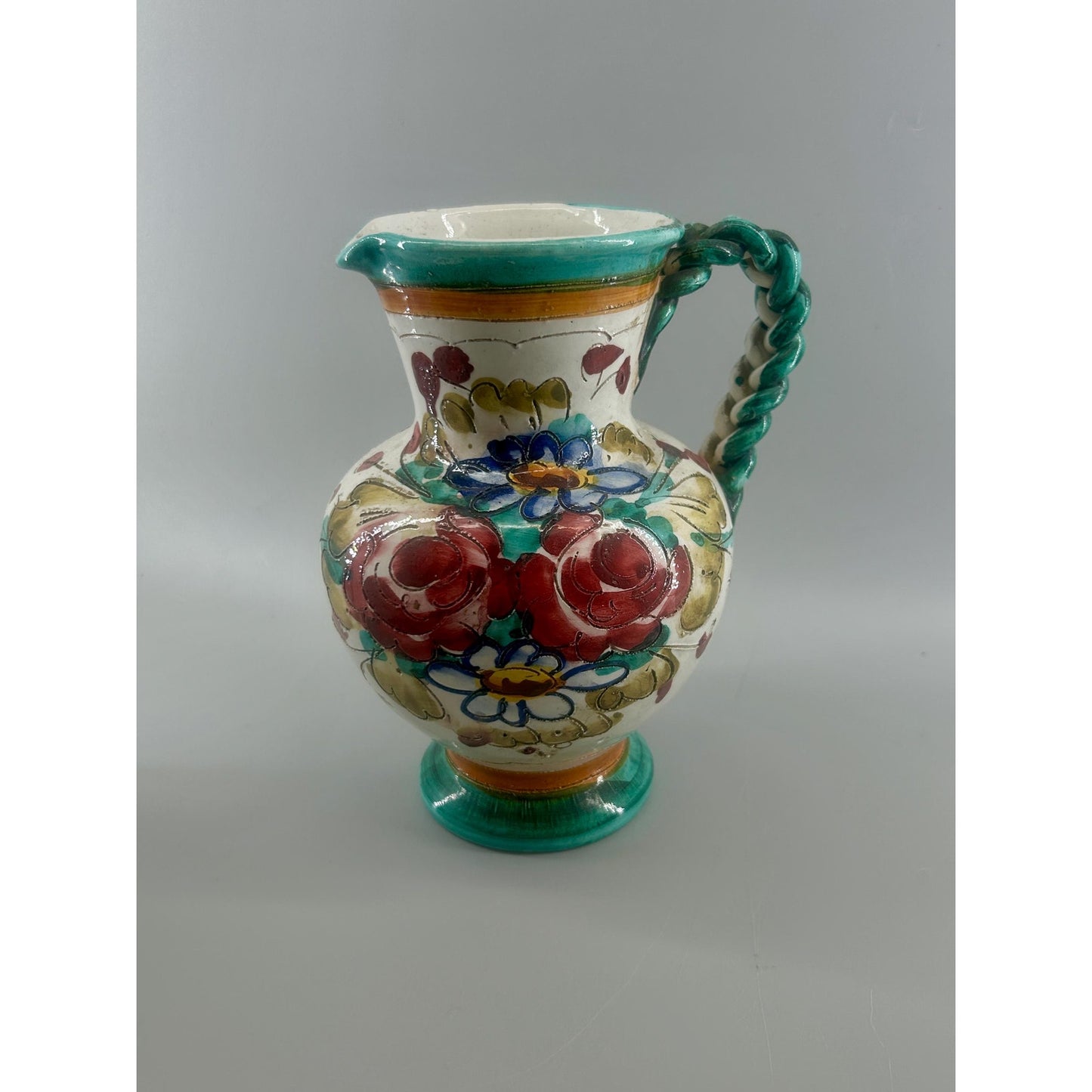 Vintage Hand Painted Spanish Talavera Style Faience Pitcher Twisted Handle Floral Pottery Jug