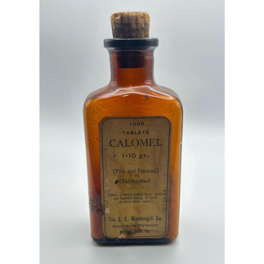 Vintage Amber Apothecary Bottle – Calomel Tablets with Original Mercury Label – Pharmacy Display Jar – Rustic Decor
