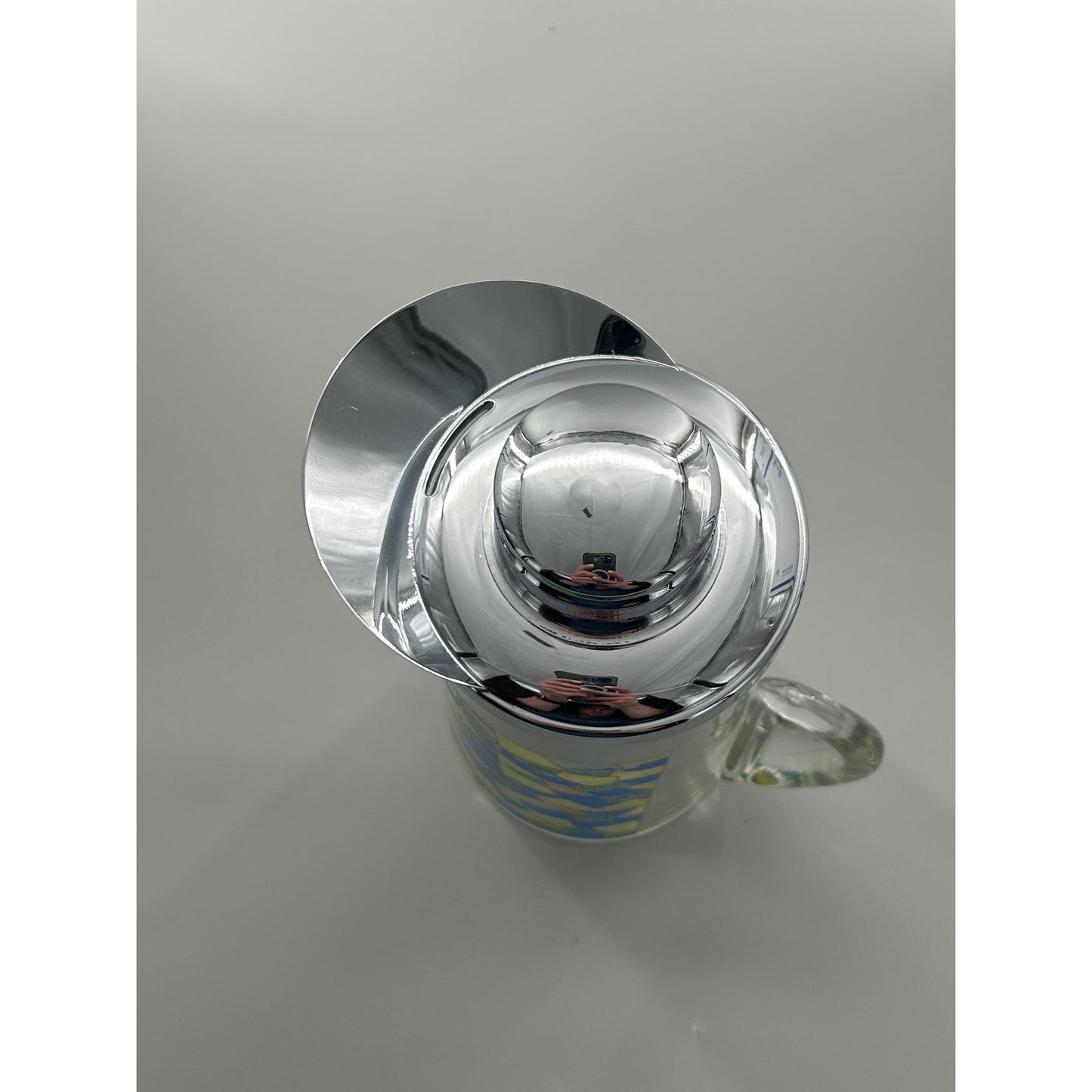 Mid Century Modern Mosaic Glass Pitcher w Chrome Lid & Ice Tube Insert – 1960s Atomic Barware – Retro MCM Entertaining