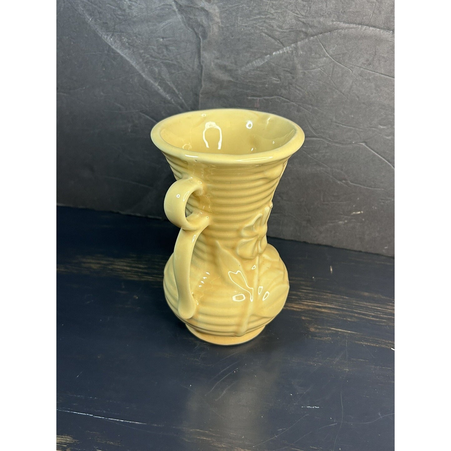 Shawnee USA tan peach double handle vase back view MCM