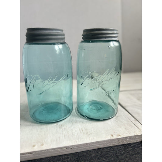 2 1920’s Vintage Ball Mason Jars – Triple L Logo – Quart – Aqua Blue – Zinc Lids