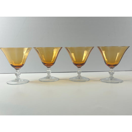 Set of 4 Vintage Amber Stemmed Glasses – Mid Century Optic Dessert Sherbet Glassware Amber Compotes with Clear Ribbed Stems. MCM Home decor