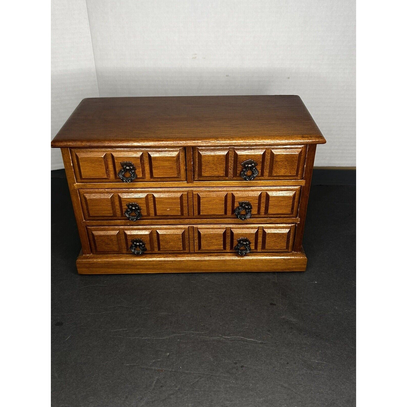 Vintage 1970s wood jewelry music box 3 tier 4 drawer open lid