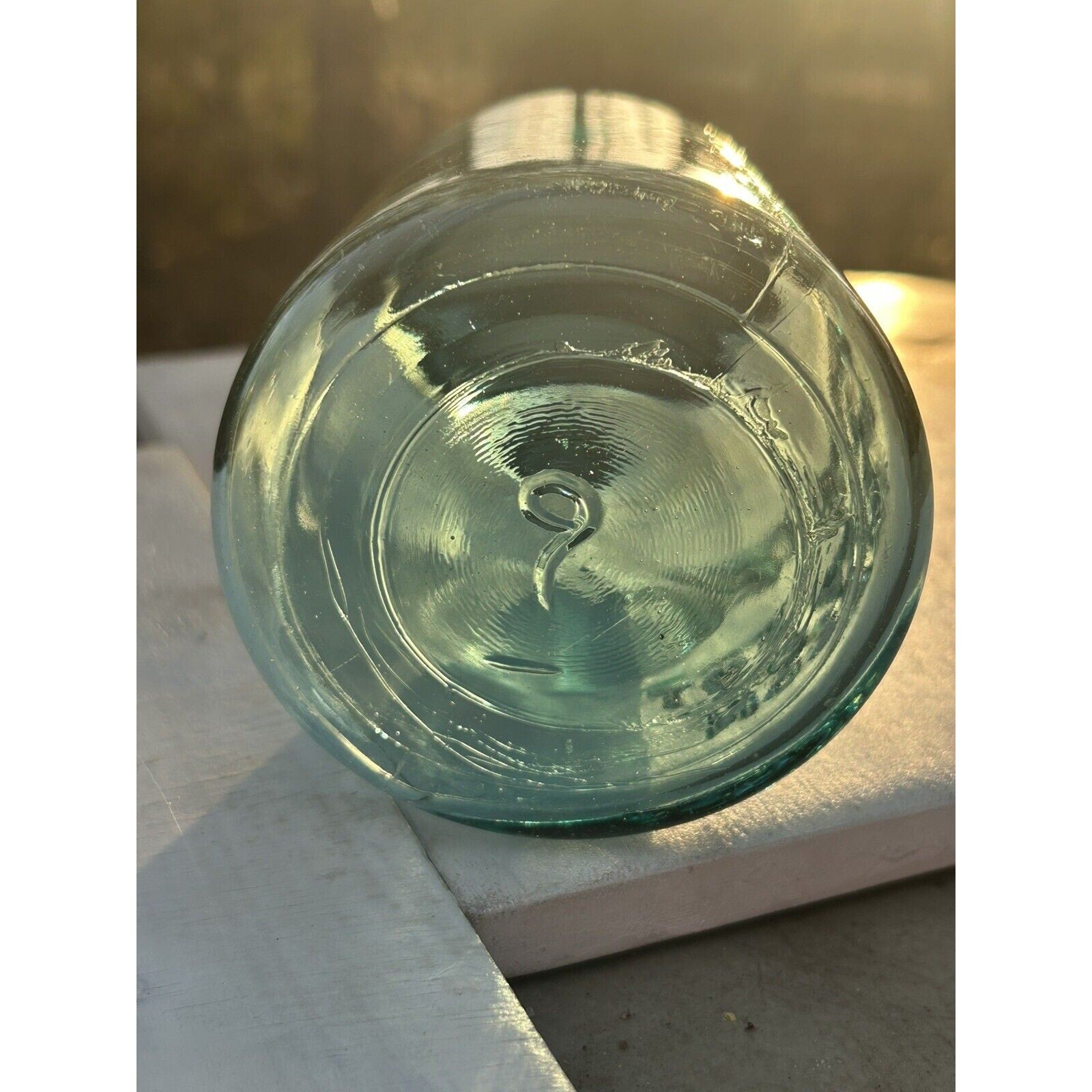Antique Ball Perfect Mason mold 9 quart jar — natural light scale reference, aqua glass with milk glass zinc lid