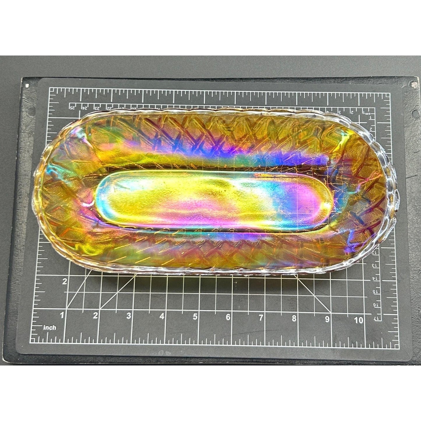 Vintage Indiana Carnival Glass Relish Tray – Marigold Iridescent Diamond Pattern