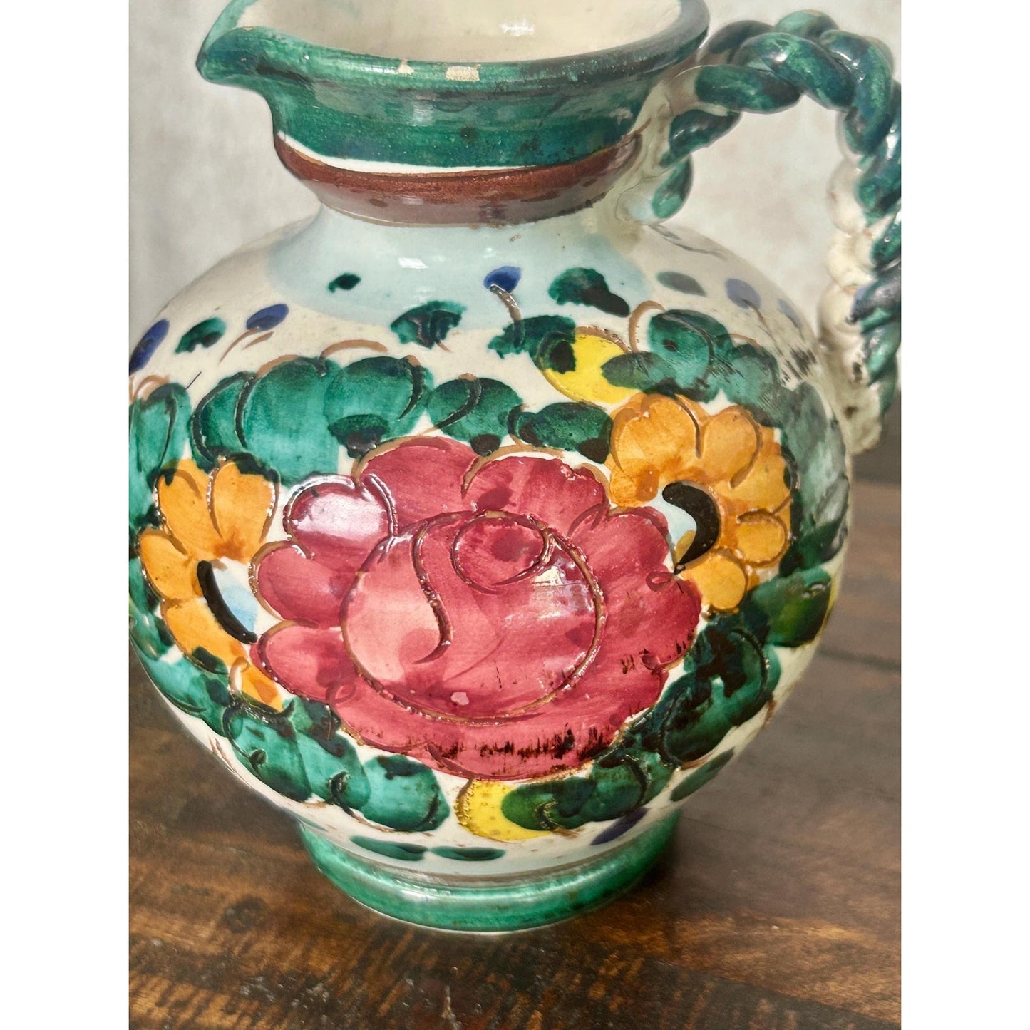 Vintage Hand Painted Spanish Majolica Talavera Style Faience Pitcher Twisted Handle Floral Jug
