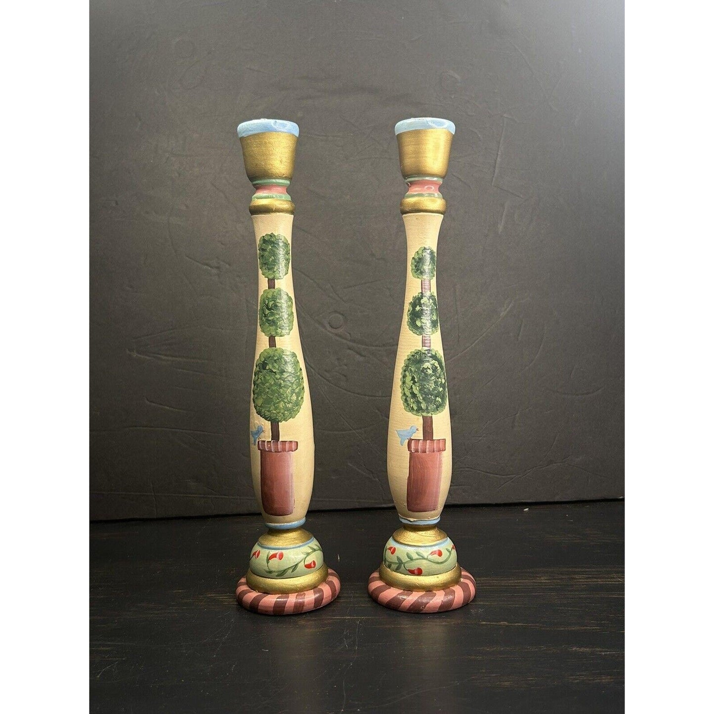 Folk Art Hand-Painted Wooden Candle Holders – Southwestern Bird Design