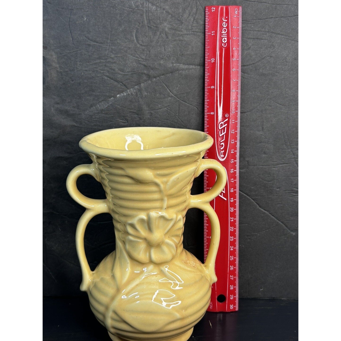 Shawnee USA peach tan double handle vase side view MCM
