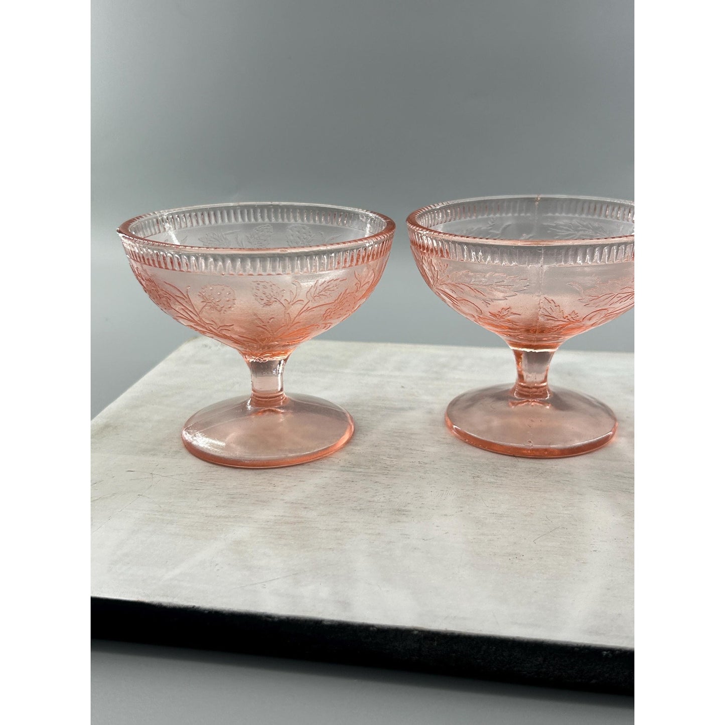 Pink Depression Glass Sherbet Dessert Cups • Vintage 1930s Footed Bowls • Set of 3 • Etched Floral Stemware • Cottage Farmhouse Tableware