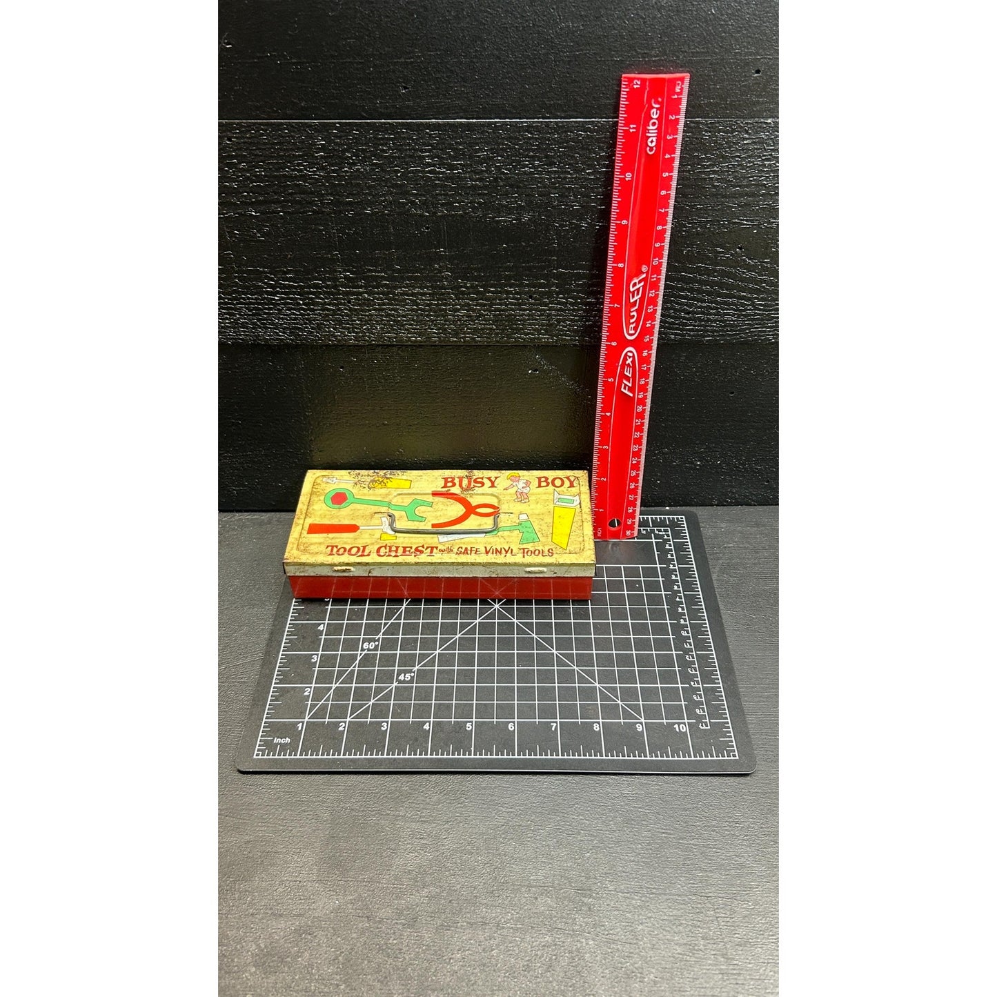 Vintage 1950s Busy Boy Tool Chest by Ohio Art • Tin Toy Tool Box with Retro Graphics • Safe Vinyl Tools • Mid Century Collectible tool toy