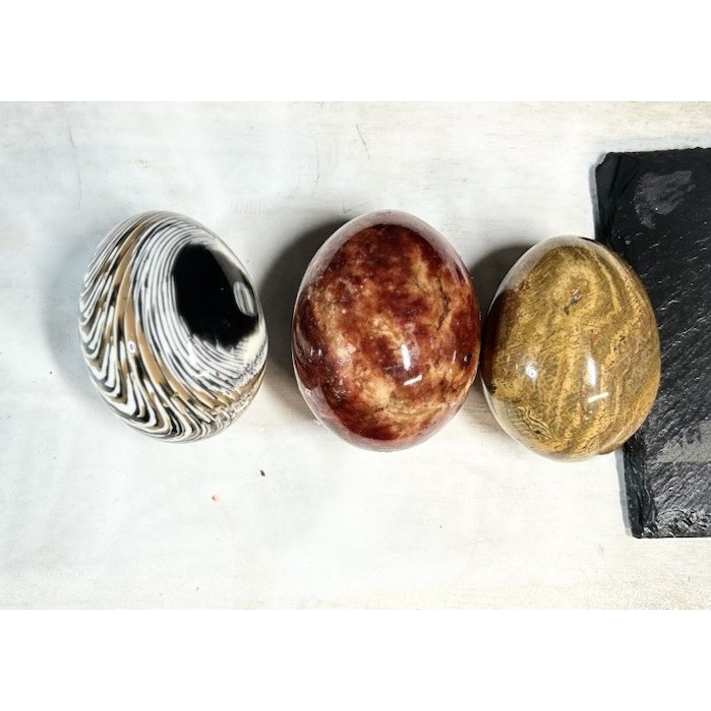 Set of 3 Polished Gemstone Eggs | Red Jasper, Yellow Jasper & Banded Agate | Healing Crystals, Mineral Decor, Collector Gift. STUNNING decor