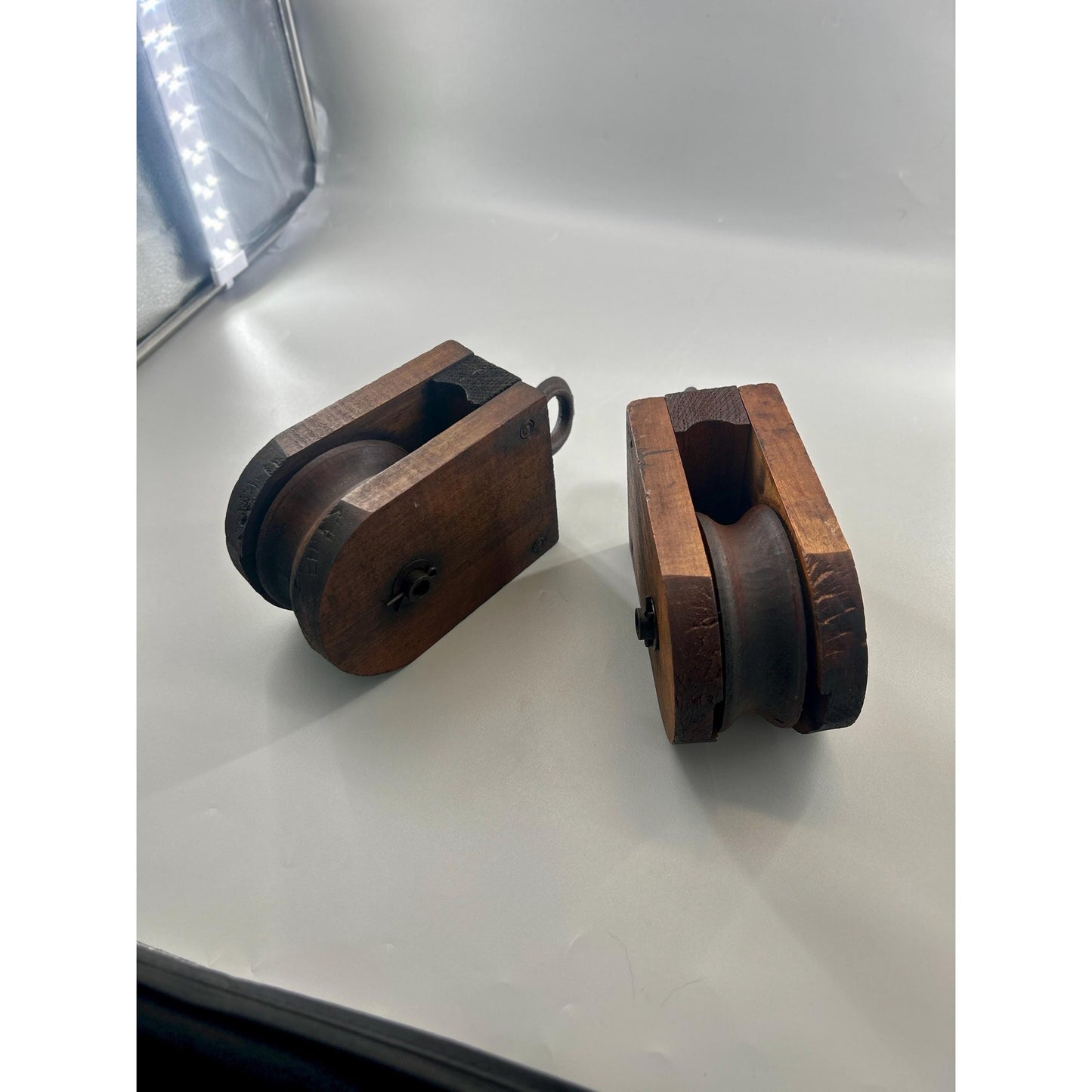 Antique Wooden Barn Pulley Block Pair Primitive Farm Hay Trolley Pulleys Rustic Industrial Farmhouse Decor Architectural Salvage