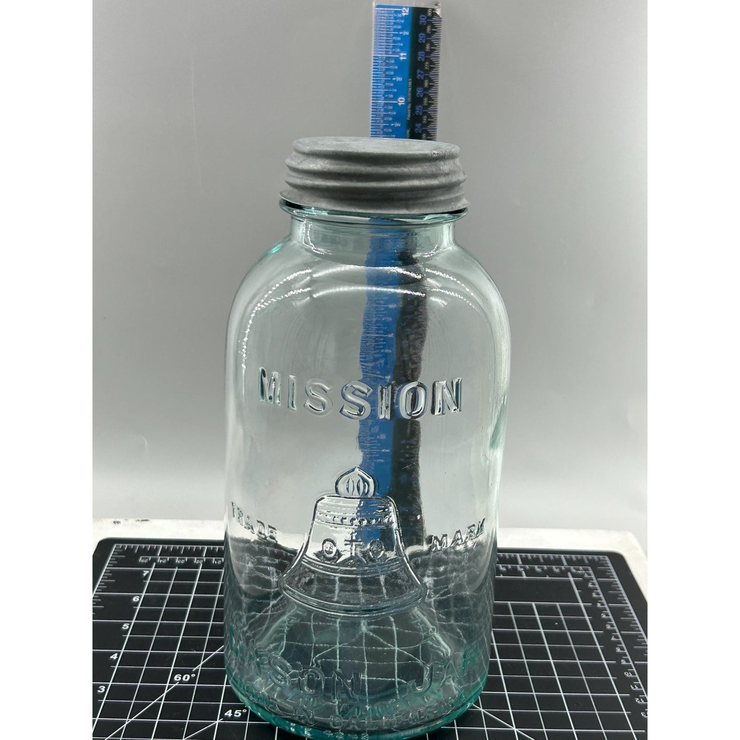 Mission Bell Mason Aqua Blue Glass Liberty Bell Trade Mark Scarce Hazel Atlas Half Gallon Zinc Lid