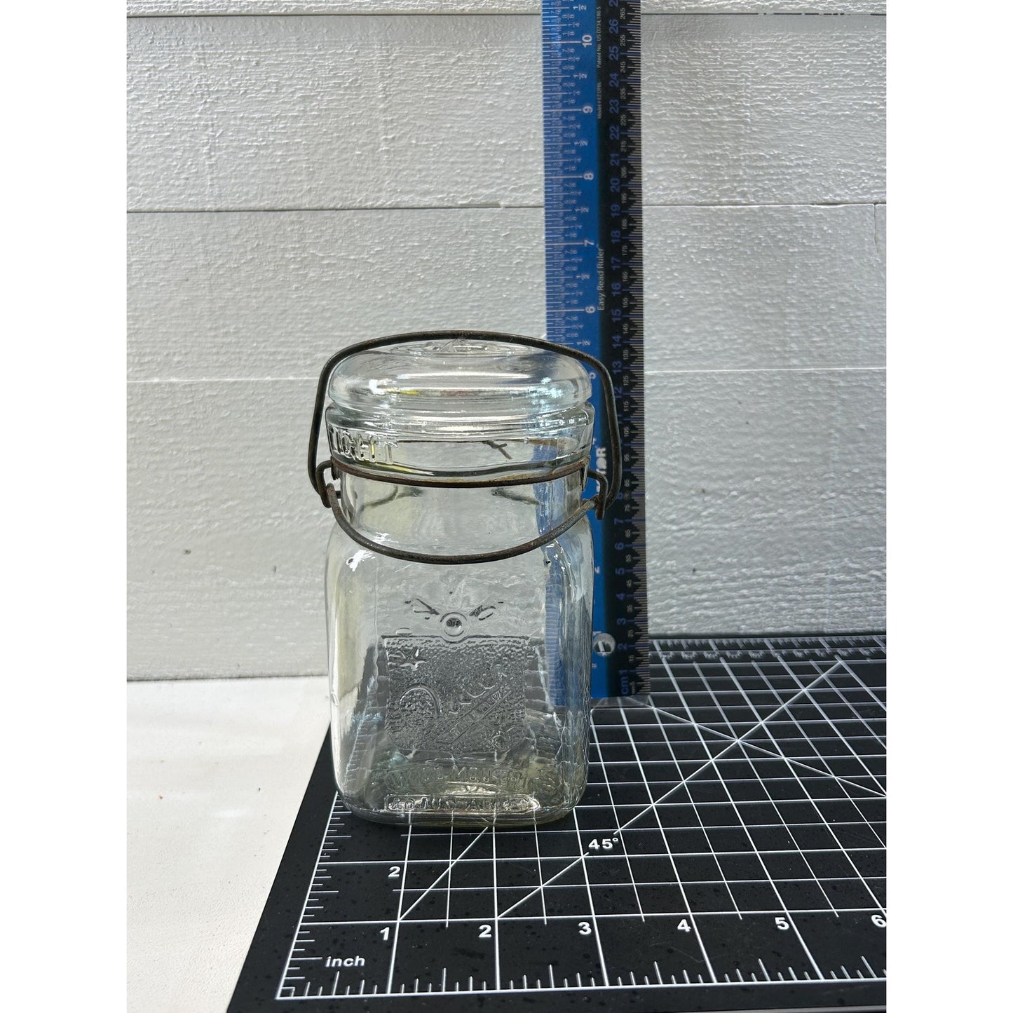 Vintage 1930s–1950s Queen Wide Mouth Square Glass Canning Jar with Wire Bail Lid – Dominion Glass Canada Antique Farmhouse Kitchen Storage