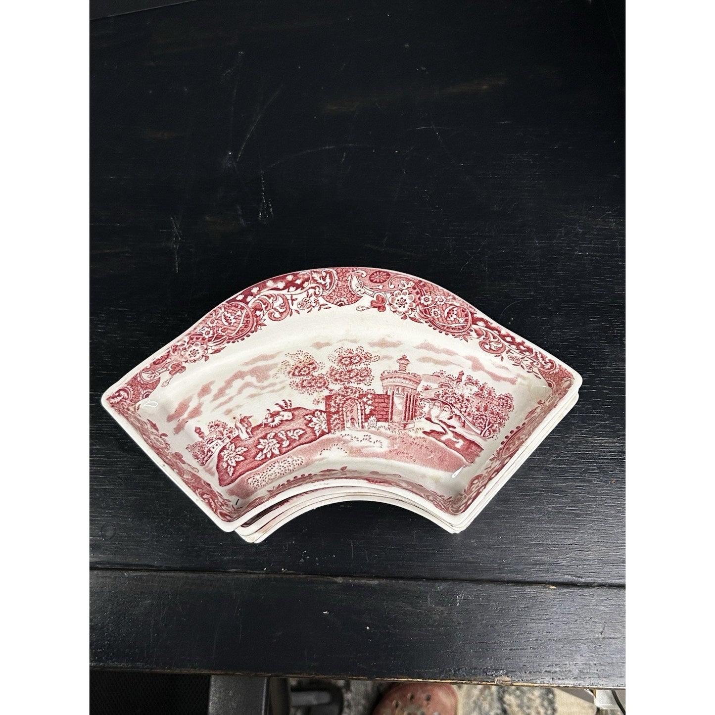 Antique M.R. Midwinter England Lazy Susan Side Dishes — Set of 4 — Red Landscape — 1910