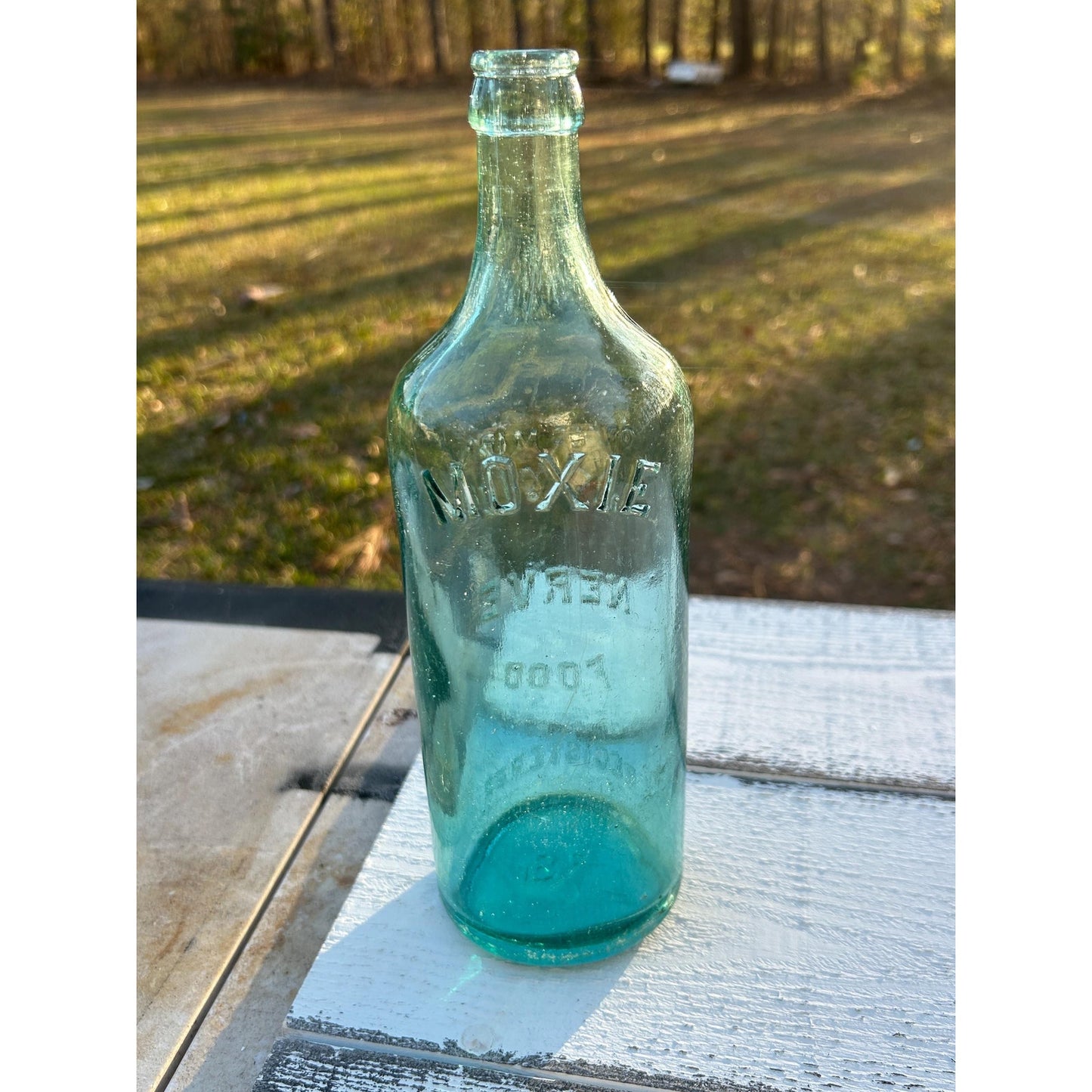 Moxie Nerve Food Aqua Glass Patent Medicine Bottle, Embossed Brockway Glass Collectible Decor