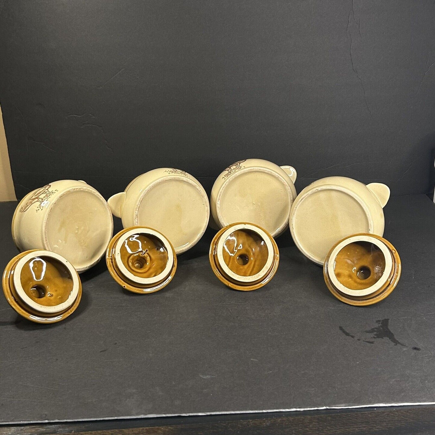 Farmhouse rooster casserole set 4 lids off interior view