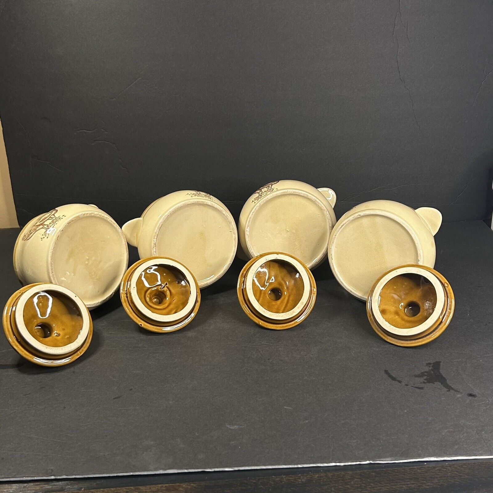 Farmhouse rooster casserole set 4 lids off interior view