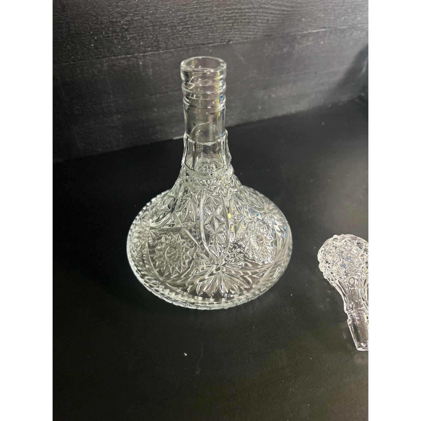 Vintage Cut Crystal Decanter with Stopper • Pressed Glass Starburst Pattern • Heavy Clear Barware • Mid-Century Liquor Whiskey Wine Bottle