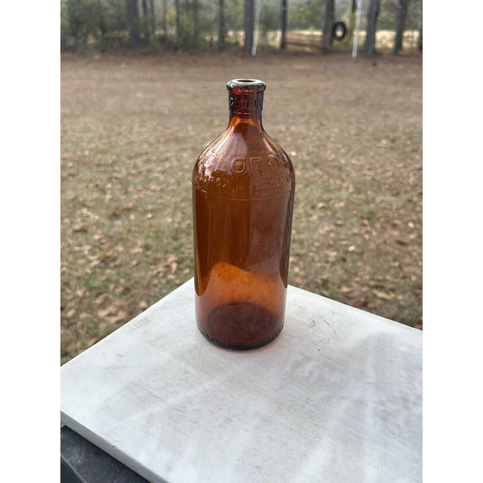 1929 Clorox amber glass bottle first year 16oz side view