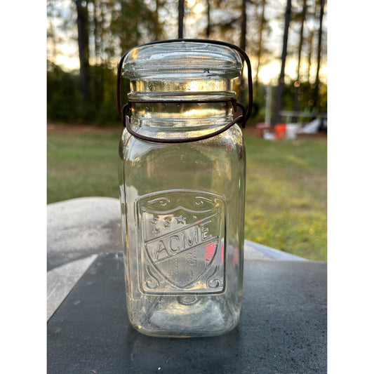 Antique ACME Shield Logo Canning Jar – Square Glass Quart with Wire Bail Lid – 1920s Farmhouse Kitchen