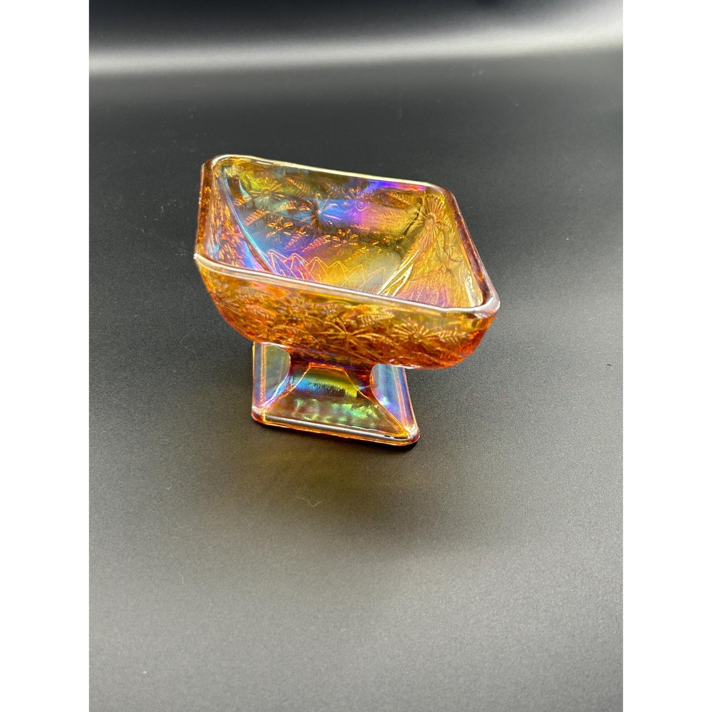 Vintage Indiana Glass Carnival Compote – Marigold Iridescent Square Pedestal Bowl, Floral Depression Glass Centerpiece