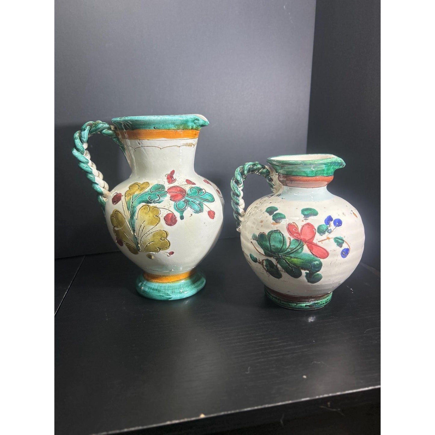 Pair of Hand Painted Majolica Pitchers | Braided Handle Floral Pottery Set | Spanish Rustic Ceramic Jugs | Tuscan Mediterranean Home Decor