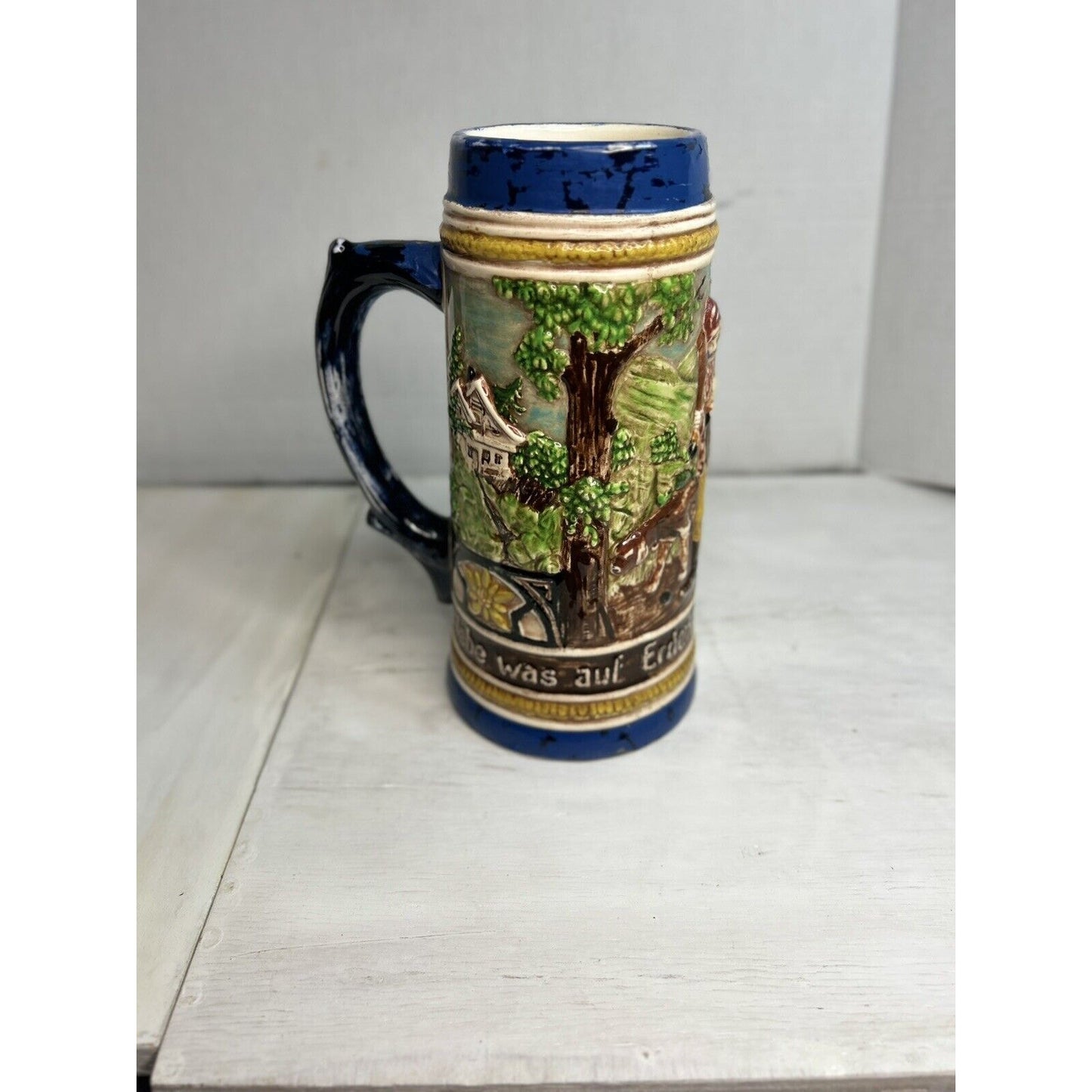 Antique German Holland Mold Stoneware Beer Stein. 8” Tall. Gorgeous Details!