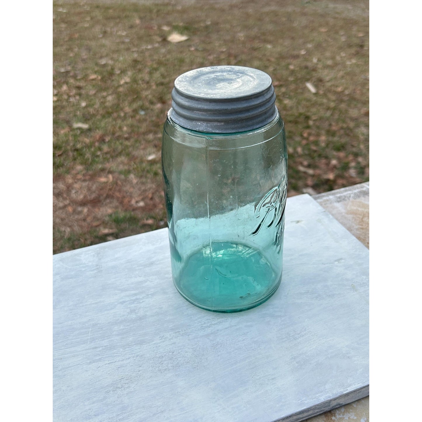 Vintage Ball Triple L Mason Jar Aqua Blue Quart Seed Bubbles Zinc Lid