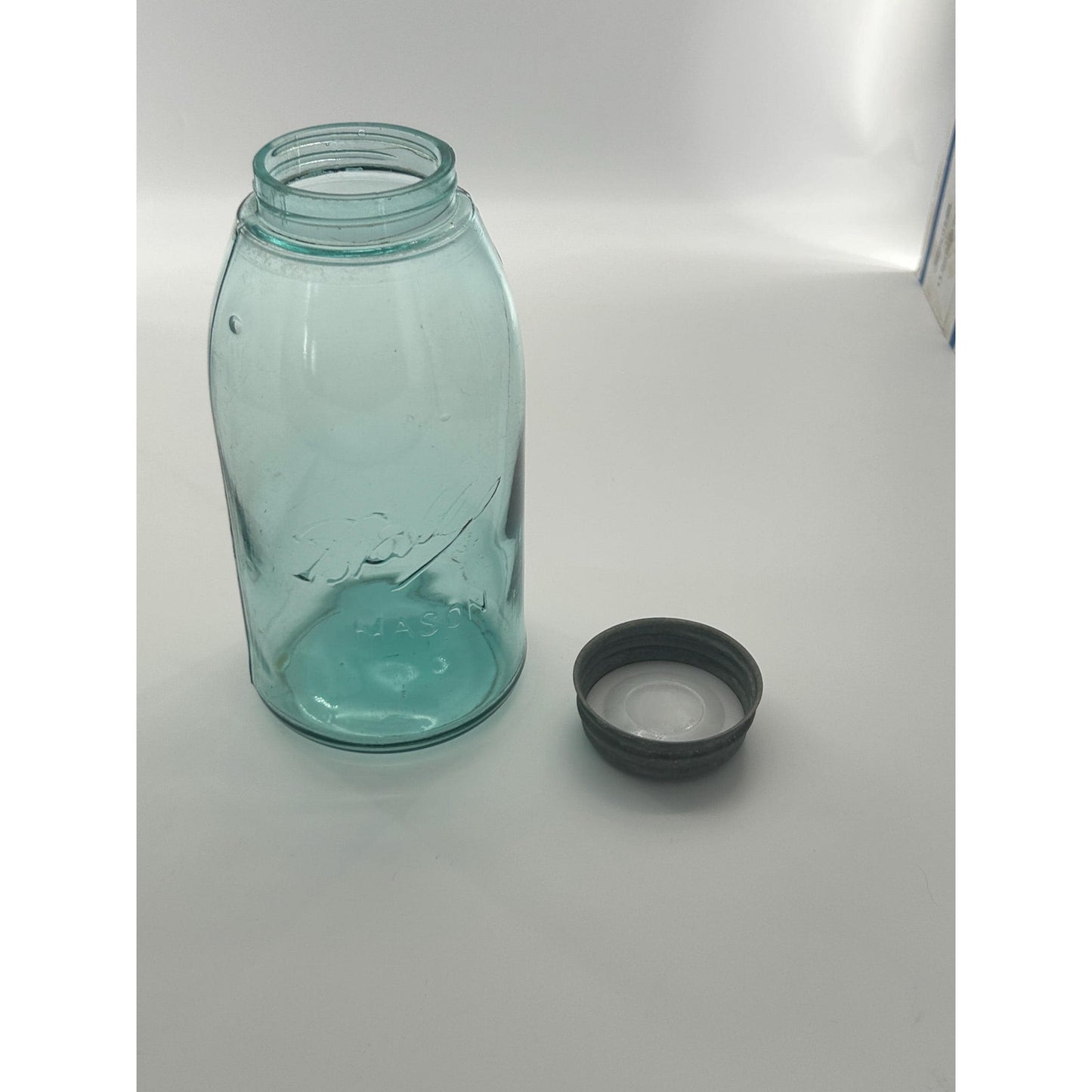 Antique Ball Mason Half Gallon Aqua Blue Triple L Script 1910–1923 Shoulder Seal Zinc Lid Large Early Collector Fruit Jar. Underlined Script