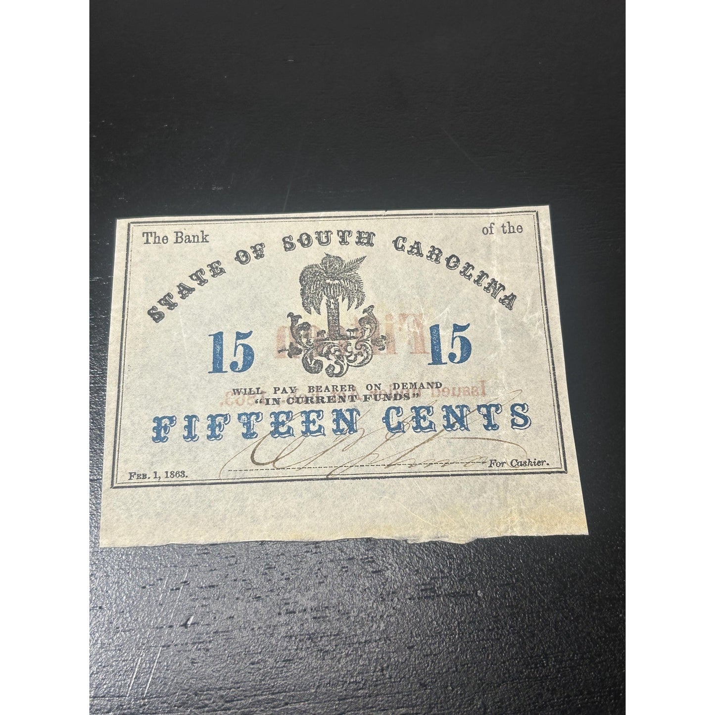 1863 South Carolina 15 Cent Civil War Fractional Currency Note – Confederate Era Bank of the State Antique Paper Money Rare condition!