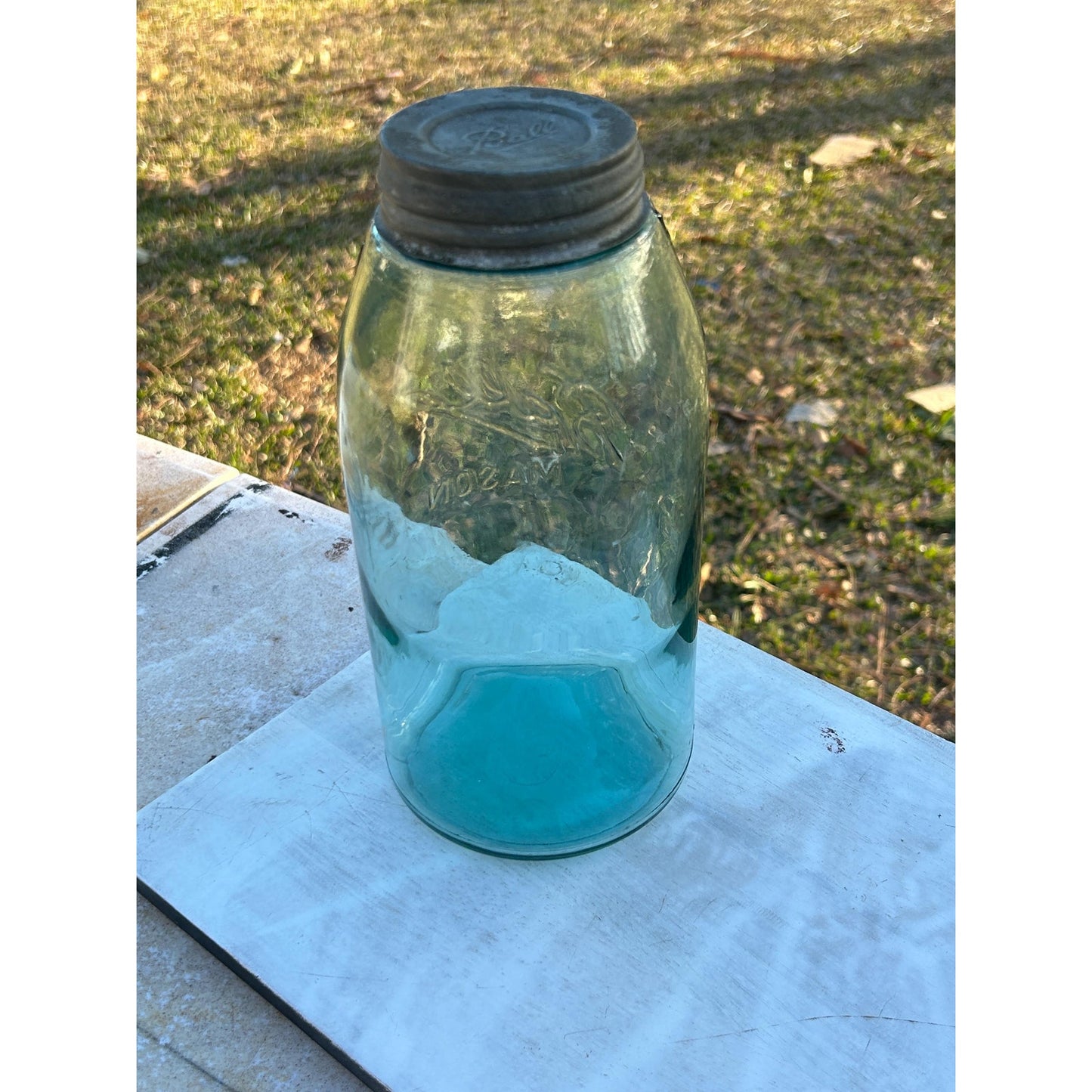Antique Ball Triple L Half Gallon Aqua Mason Jar 1900–1910 Early Script Fruit Jar Ball Bros Glass Embossed Original Zinc Lid