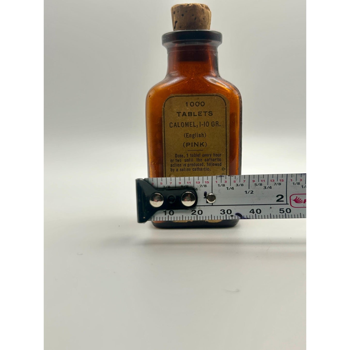 Antique Apothecary Calomel Tablets Bottle S.E. Massengill Bristol TN VA Pharmacy Amber Medicine Jar w Cork Seal 1000 Tablets Medical Quack