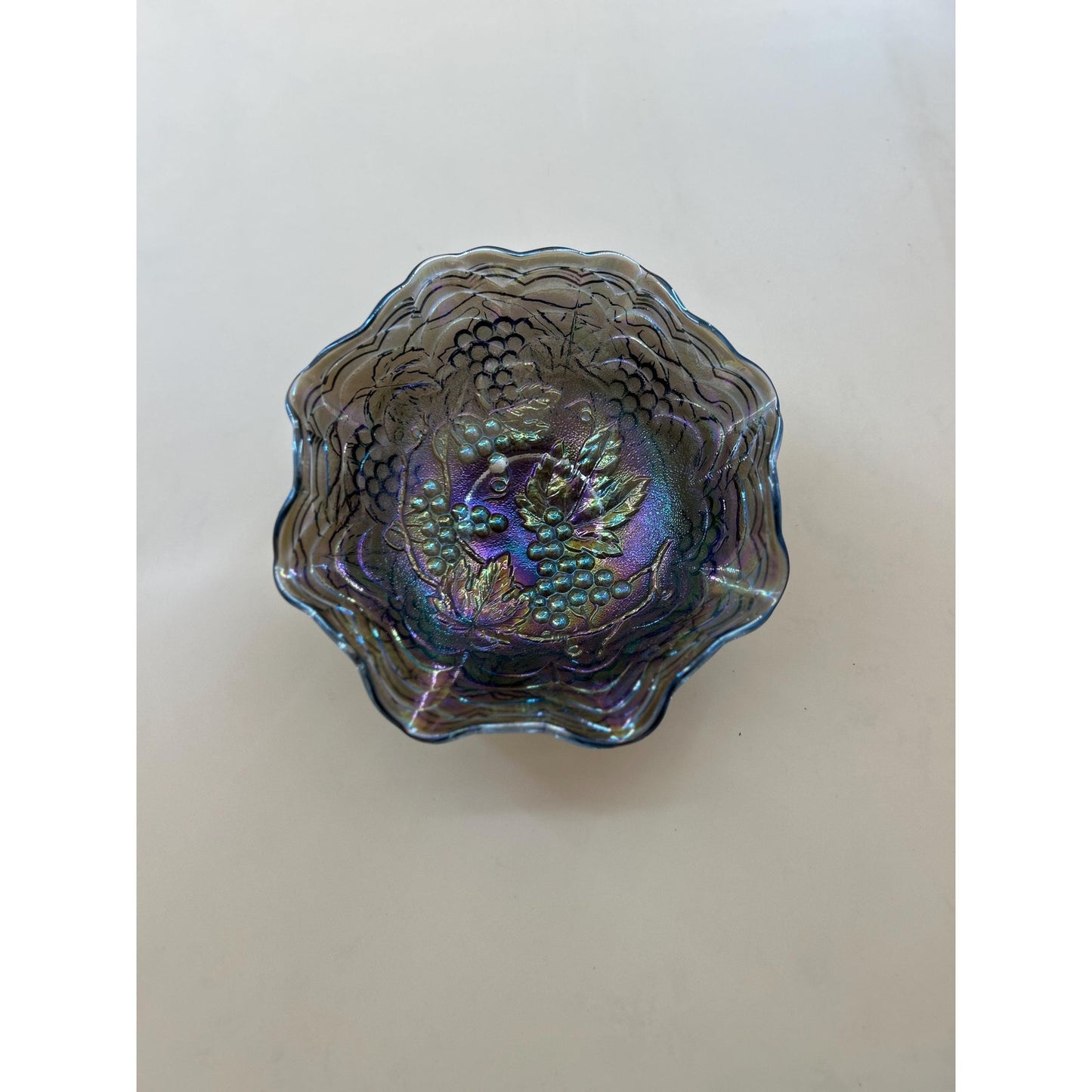 Antique Imperial Carnival Glass Grape & Cable Ruffled Bowl • Amethyst Iridescent Pressed Glass Berry Dish • Early 1900s Vintage Carnival