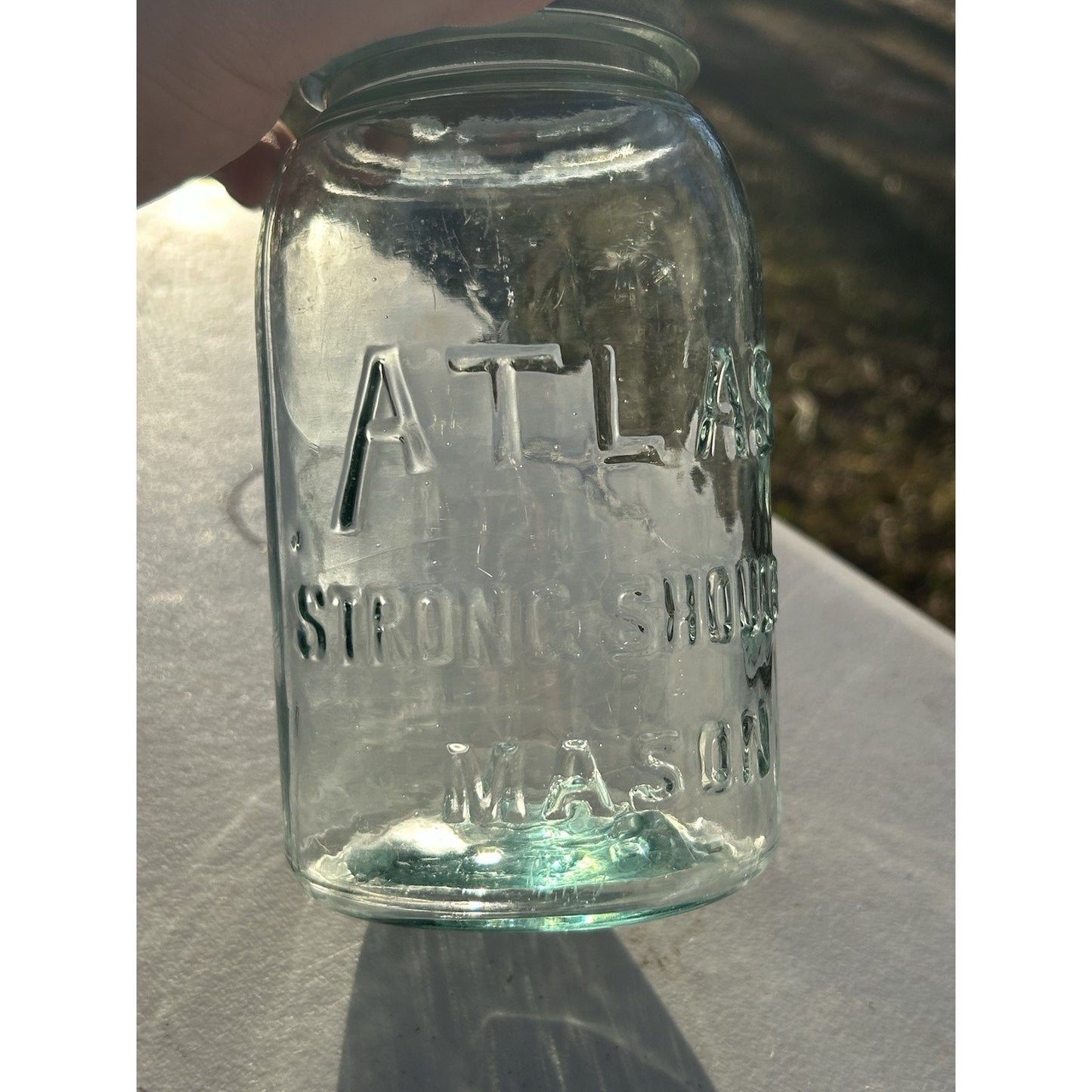 Vintage Atlas Strong Shoulder jar cornflower full profile display