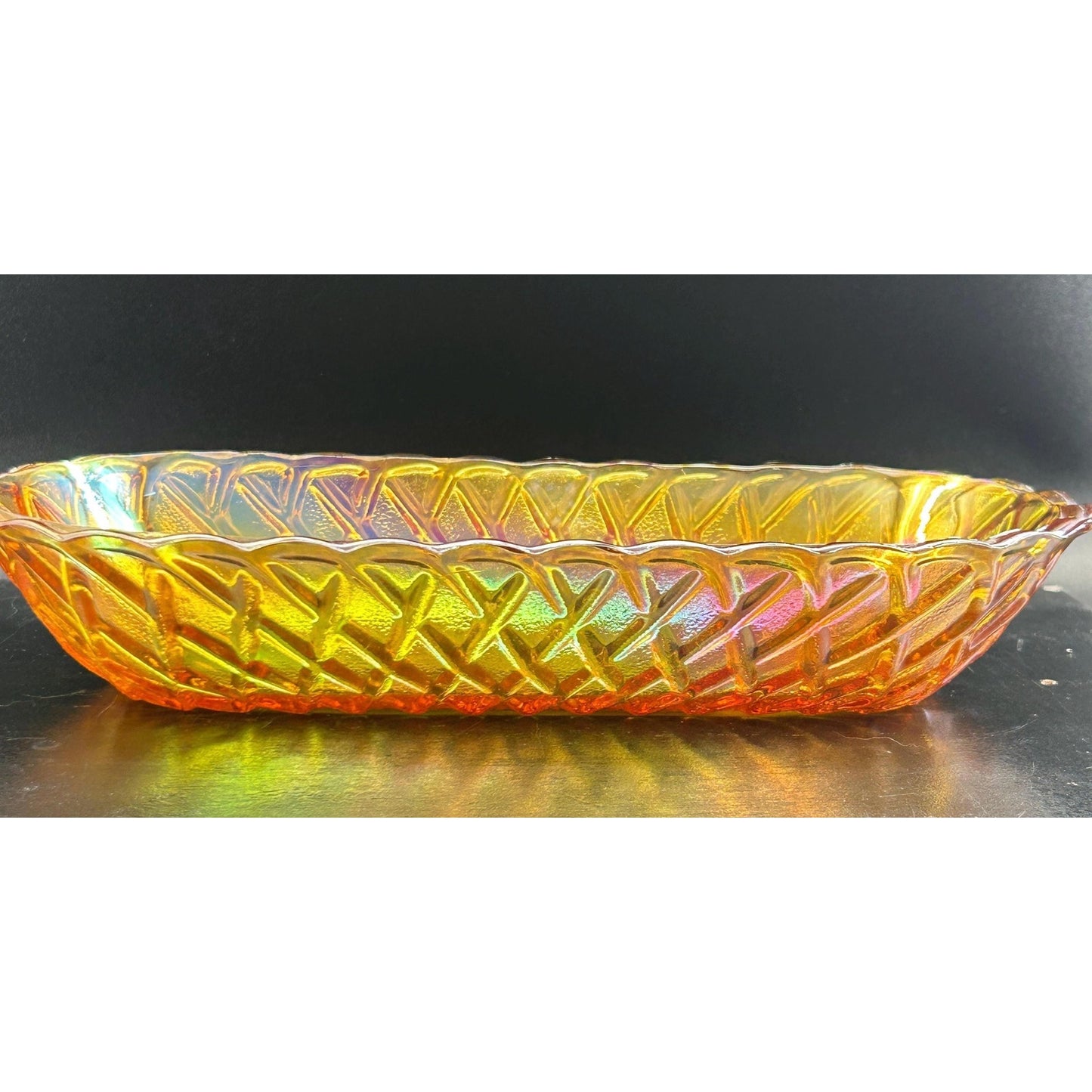 Vintage Indiana Carnival Glass Relish Tray – Marigold Iridescent Diamond Pattern