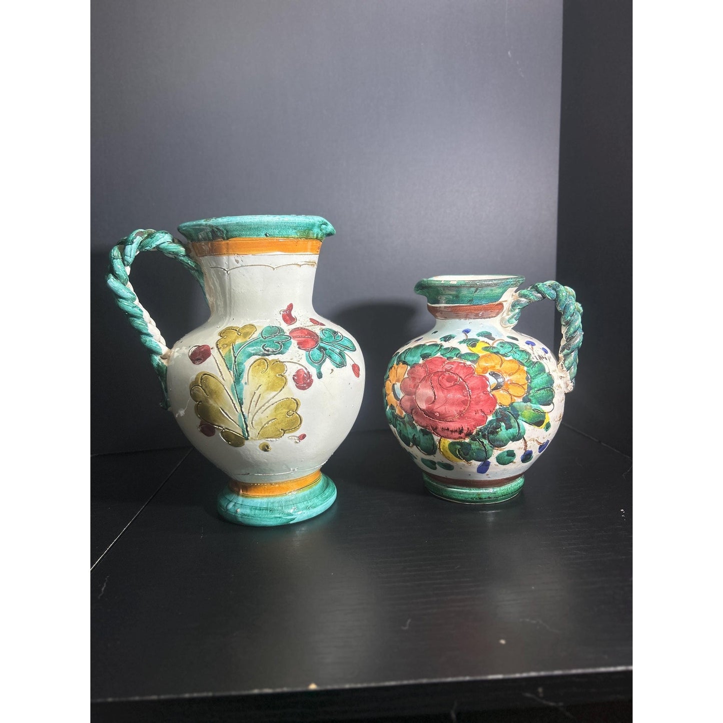 Pair of Hand Painted Majolica Pitchers | Braided Handle Floral Pottery Set | Spanish Rustic Ceramic Jugs | Tuscan Mediterranean Home Decor