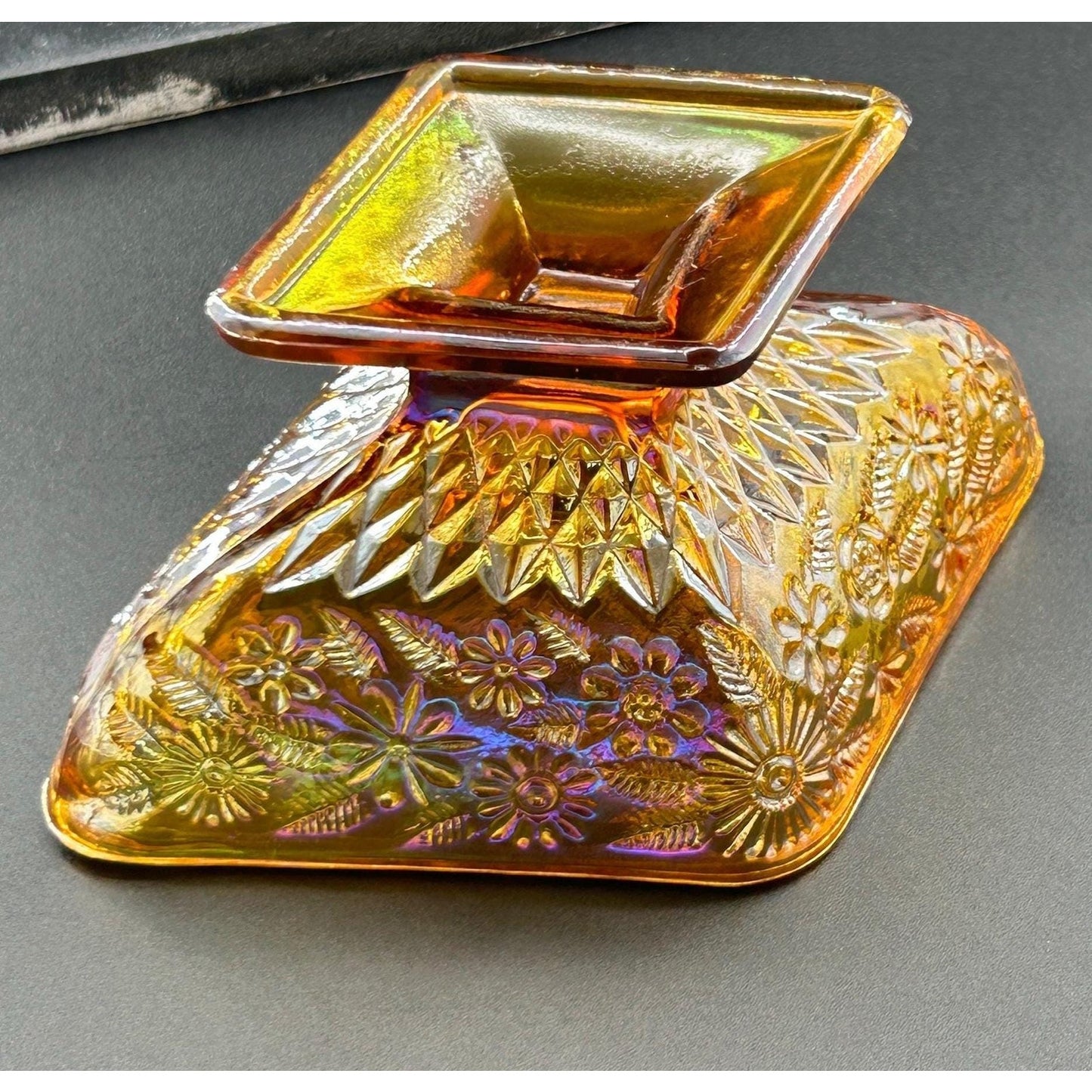 Vintage Marigold Carnival Glass Pedestal Bowls Set of 3 Iridescent Amber Pressed Glass Dessert Bowls Footed Carnival Glass Candy Dish Set