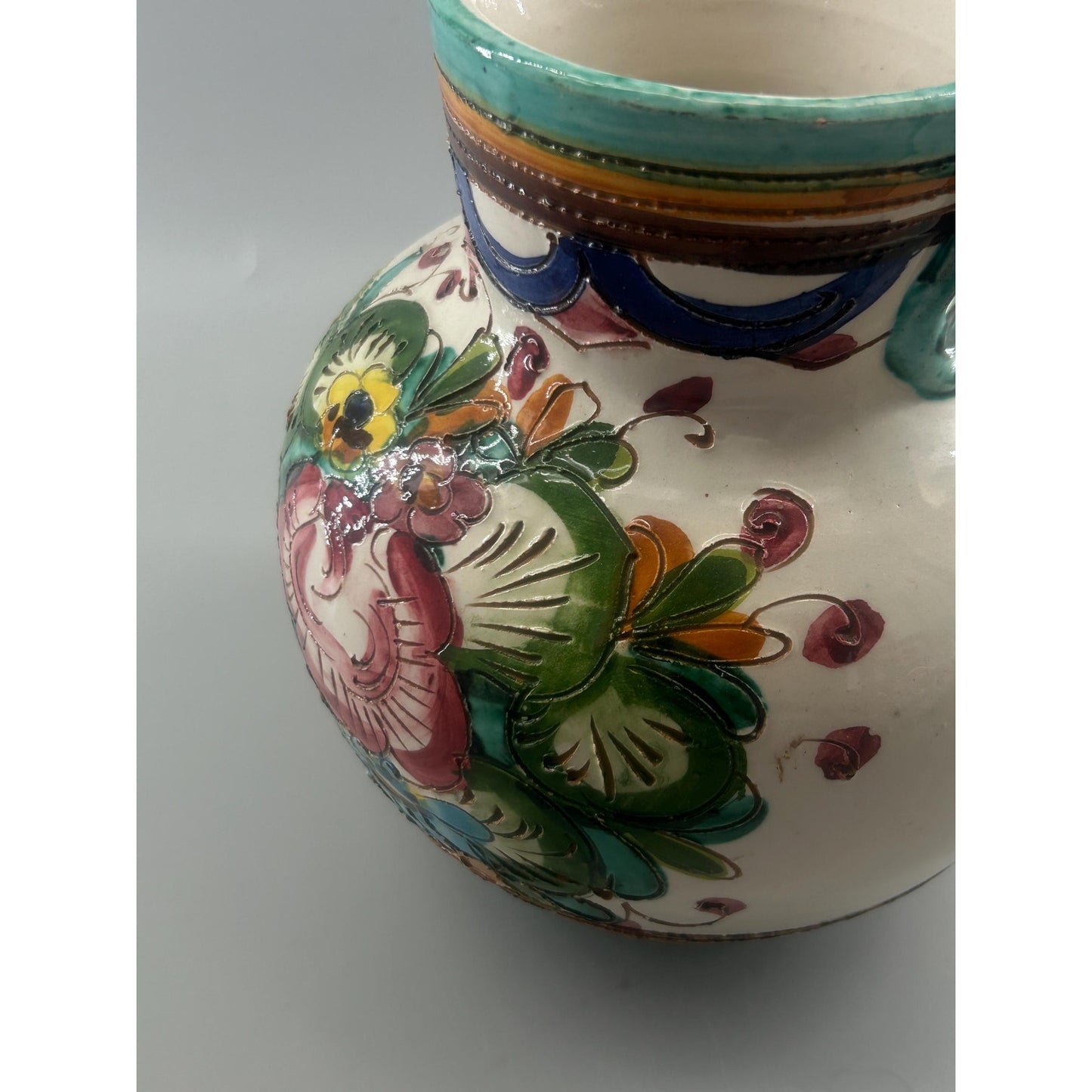 Vintage Spanish Talavera Faience Pottery Pitcher Hand Painted Floral Ceramic Jug Majolica