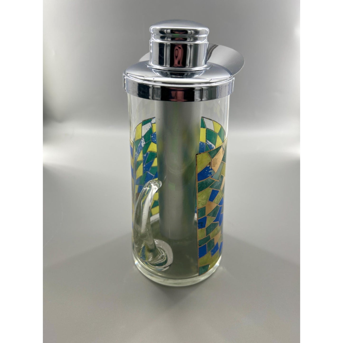 Mid Century Modern Mosaic Glass Pitcher w Chrome Lid & Ice Tube Insert – 1960s Atomic Barware – Retro MCM Entertaining