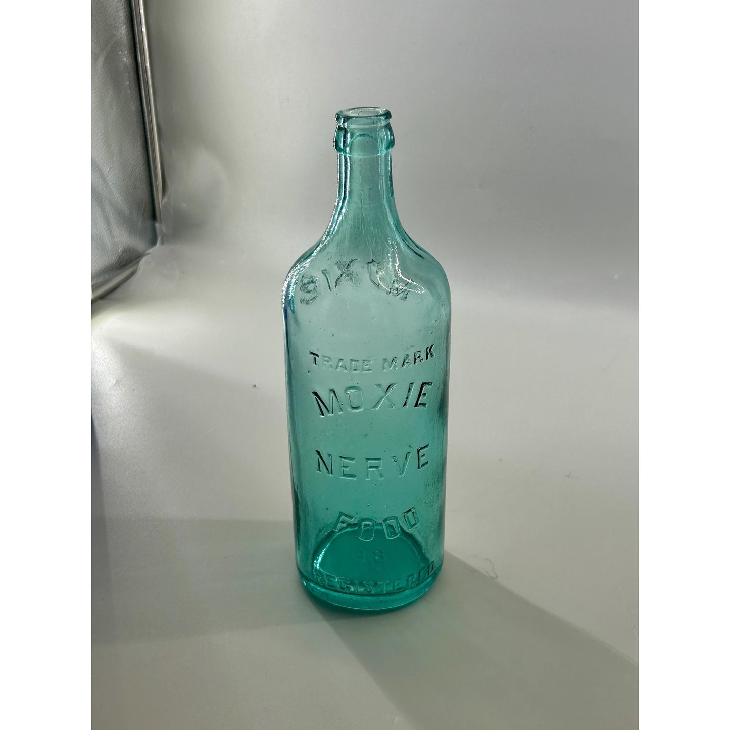 Antique Moxie Nerve Food Registered Bottle Aqua Glass Lowell MA Quack Medicine Soda Advertising Early 1900s Rare Display