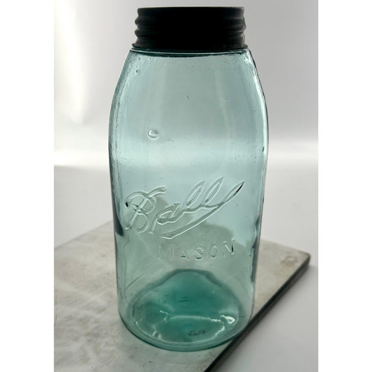 Antique Ball Triple L Half Gallon Aqua Mason Jar 1900–1910 Early Script Fruit Jar Ball Bros Glass Embossed Original Zinc Lid