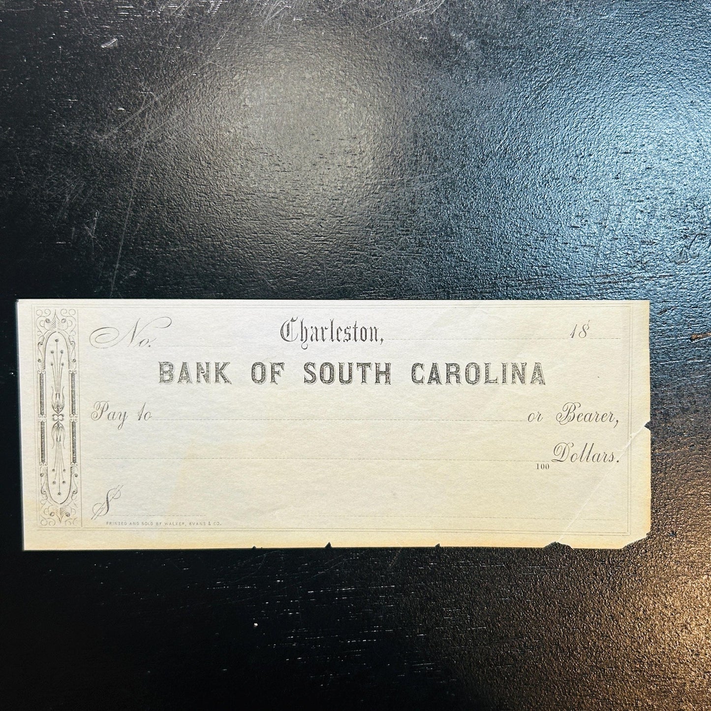 Antique Bank of South Carolina Check Charleston SC | 1800s Blank Bank Note Form | Southern Ephemera Paper Collectible. Very rare civil war!