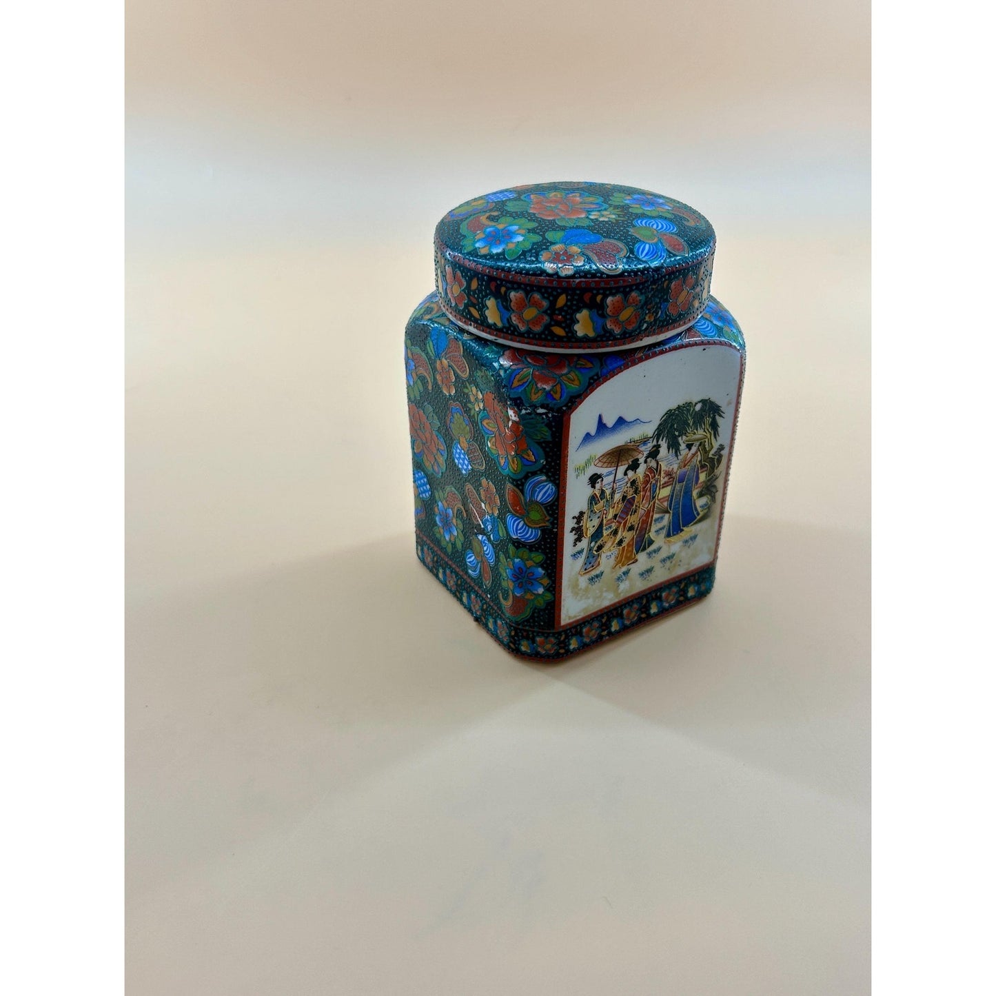 Vintage Japanese Kutani Ginger Jar w/ Geisha Scene Floral Enamel Lidded