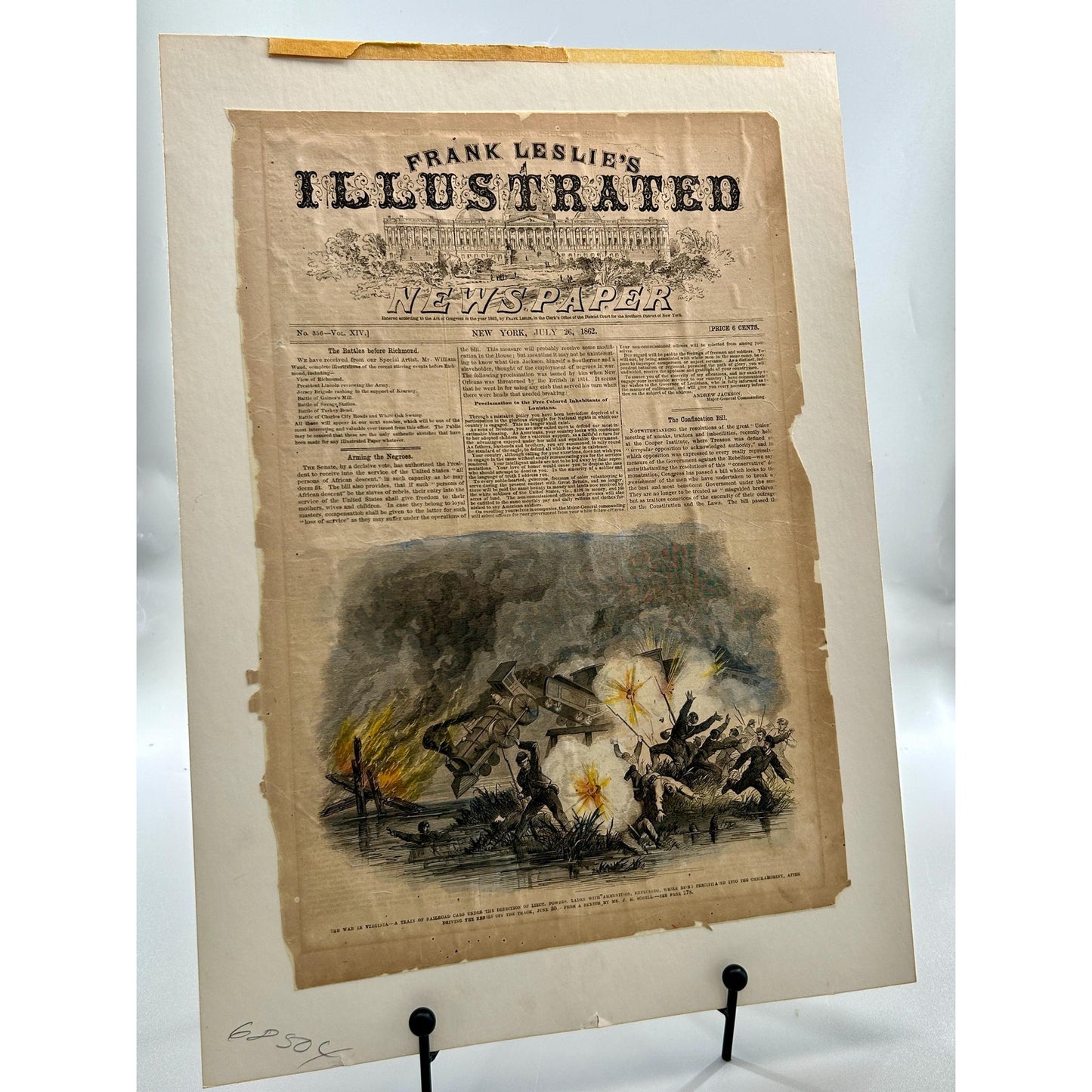 Antique Civil War 1862 Frank Leslie’s Newspaper Train Explosion Virginia Original Engraving Railroad Battle. Authentic Antique Print