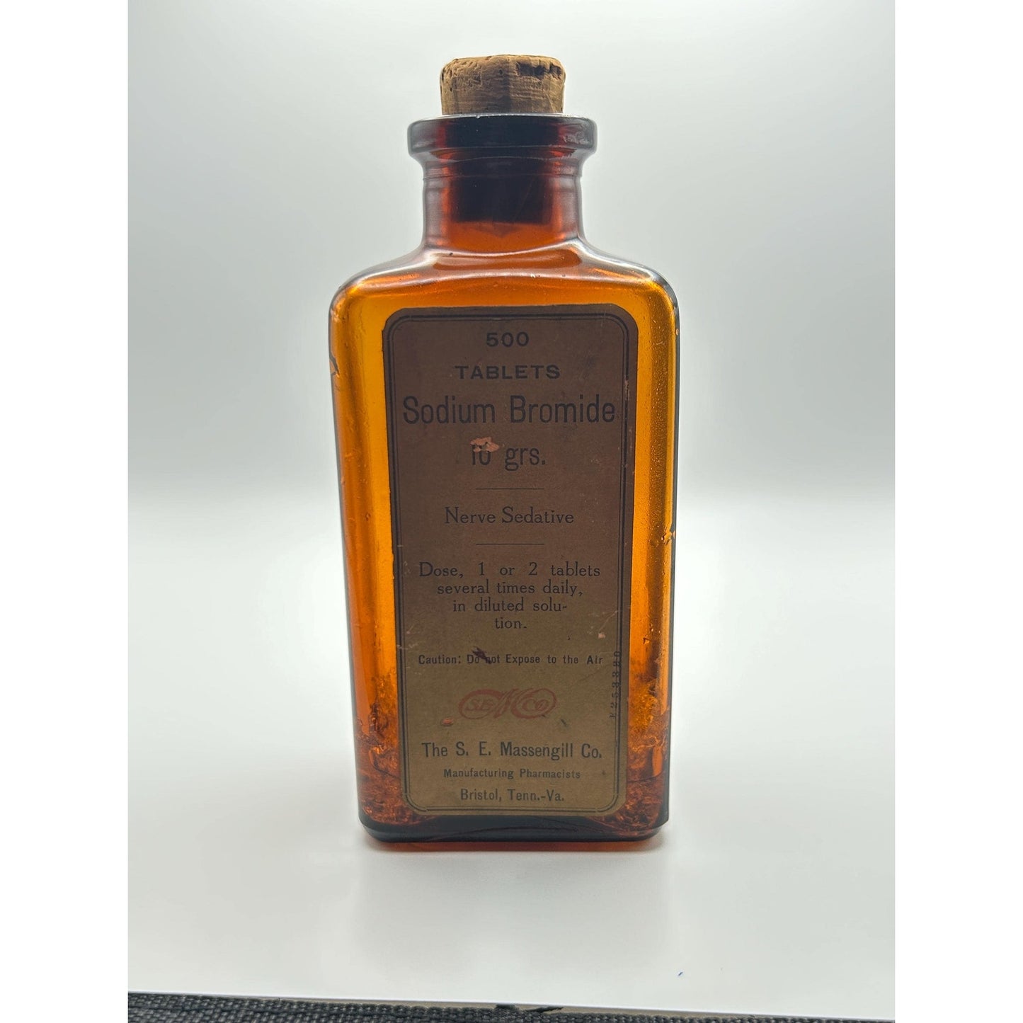 Vintage Massengill Pharmacy Medicine Jar w/ Original Contents Amber Bottle